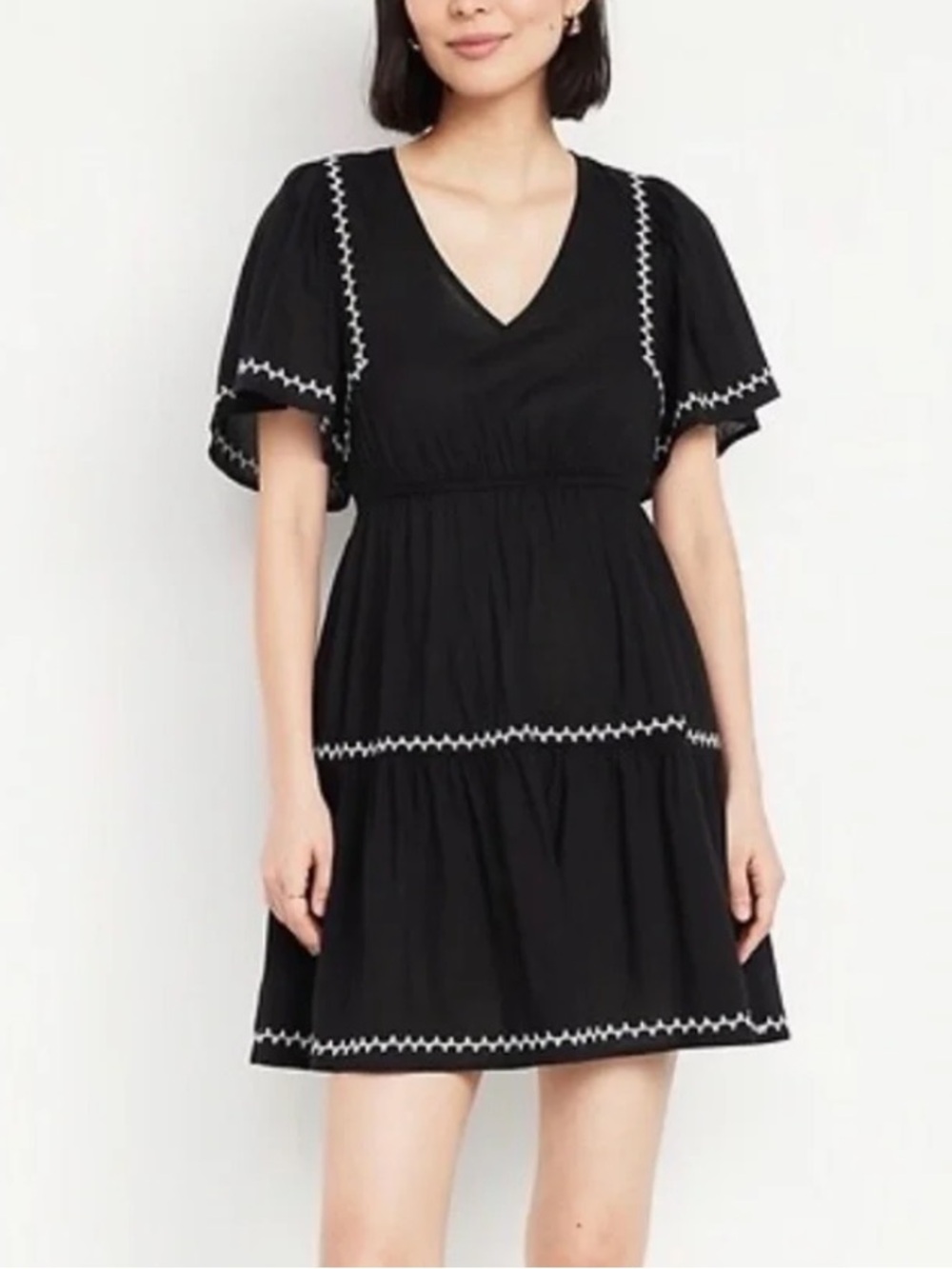Old Navy Black Boho Mini Dress with White Embroidered Trim Sz Lg Petie